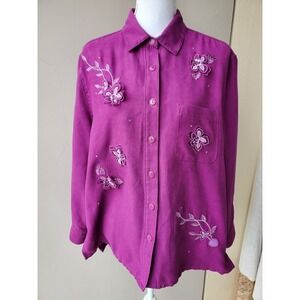 Drapers & Damons Top Womens Petite Large Purple 3D Floral Art To Wear Artsy